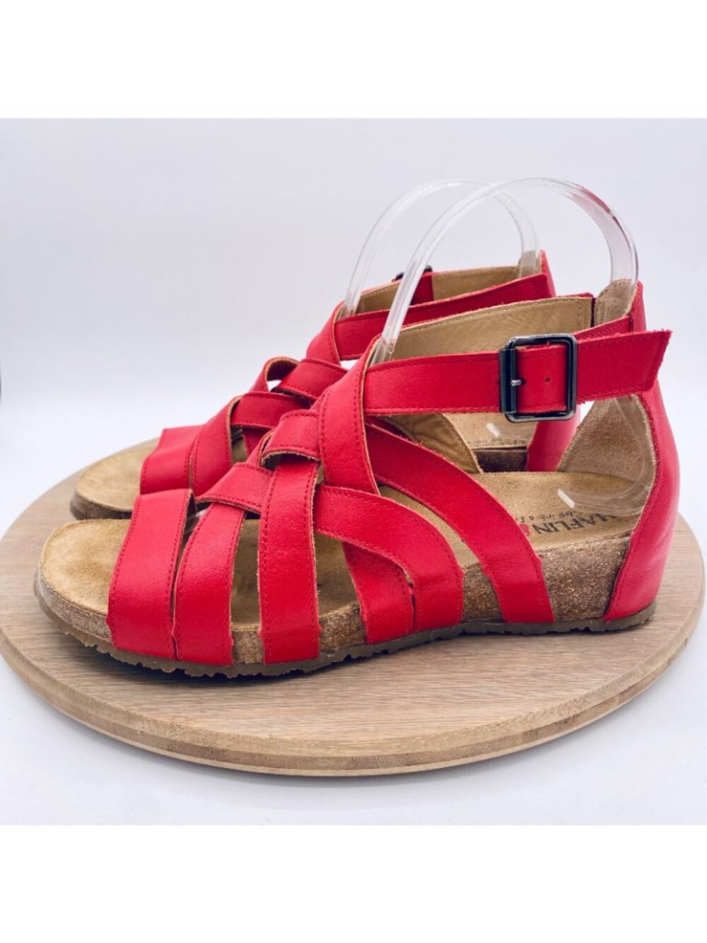 Haflinger Sandals Womens 7 38 Red Leather Ankle Strap Flats Peep Germany - Picture 5 of 13